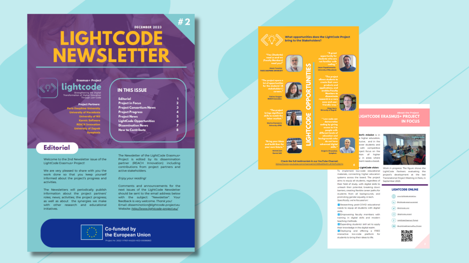 The picture shows the cover and 2 pages of the second Newsletter of the LightCode project.