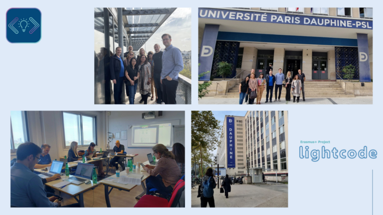 Four photographs show the meeting of the LightCode project's partners in Paris. One shows the partners on a balcony. The second one shows them in front of the Université Paris Dauphine - PSL. The meetings of the Consortium were held there. The thrid photograph shows a meeting. The partners are sitting at tables, each infront of a laptop or phone. On the tables there is water and on one wall there is the projection of ones desktop. The fourth photograph shows the back of two people heading for a building with a multiple-story-tall transparent marking it as the Université Paris Dauphine - PSL. On the left side there is a small tree. The post itself shows the project’s logo as well as it’s name.